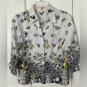 JM Collection 100% Linen Floral Button Up Blouse Size 10 Cottagecore Grannycore